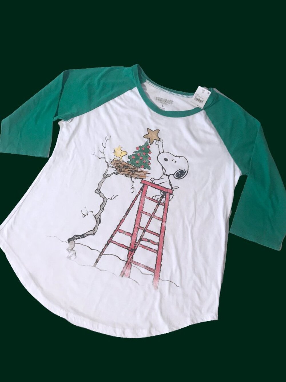 Peanuts Snoopy Holiday Graphic Raglan Baseball Tee Long Sleeve NWT Large